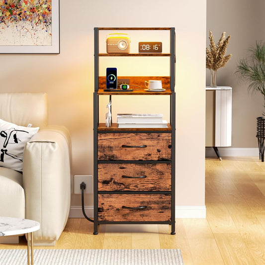 Tall Nightstand with 4-Tier Shelves, 3 Fabric Drawers, LED Charging Station, Rustic Brown Bedside Table for Bedroom, Hallway, and Office