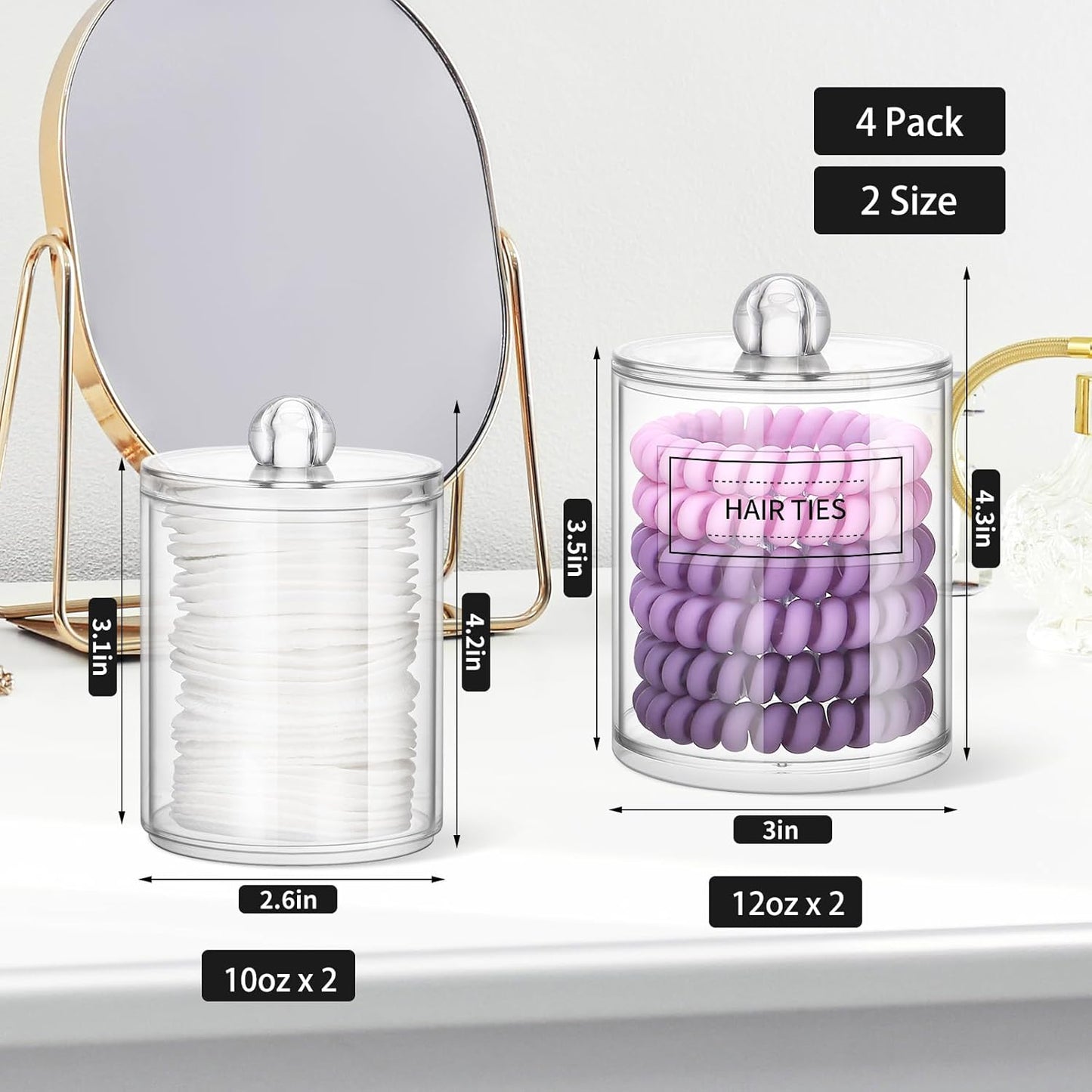 Qtip Holder Dispenser - 4 Pack 10Oz, 12Oz Clear Plastic Apothecary Jars Set - Restroom Bathroom Makeup Organizers Containers for Cotton Ball/Swab/Round Pads, Floss, Hair Ties, Bath Salt