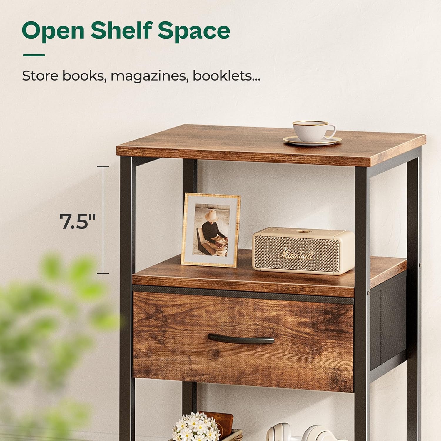 Set of 2 Nightstands with Fabric Drawers and Open Shelves, Rustic Brown Metal Frame Side Tables for Bedroom Storage