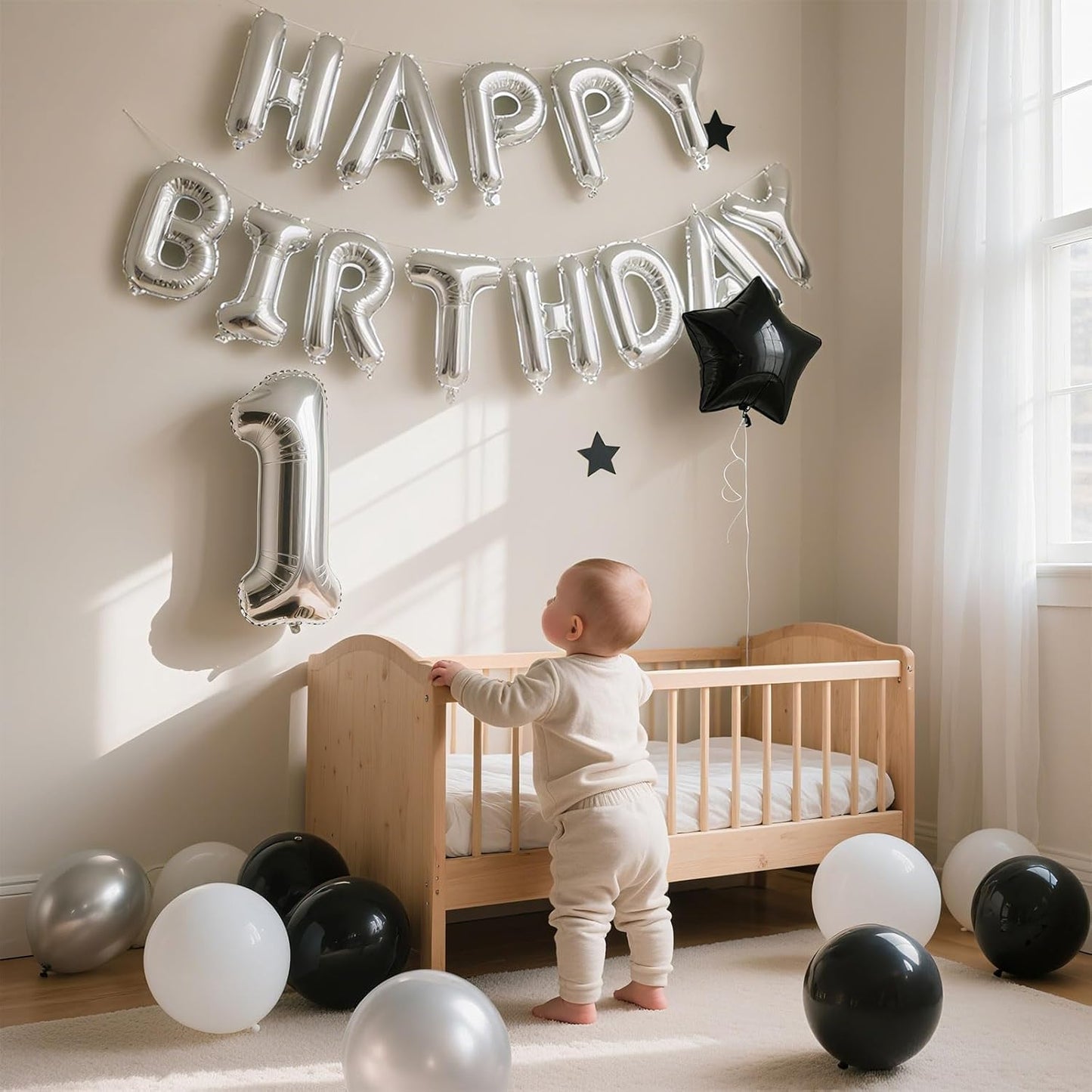 Silver Happy Birthday Banner, 13Pcs Mylar Foil 3D Letter Balloons Happy Birthday Sign Balloon for Wall Backdrop Baby Shower Welcome Party Supplies and Decorations for Women, Men, Boys & Girls