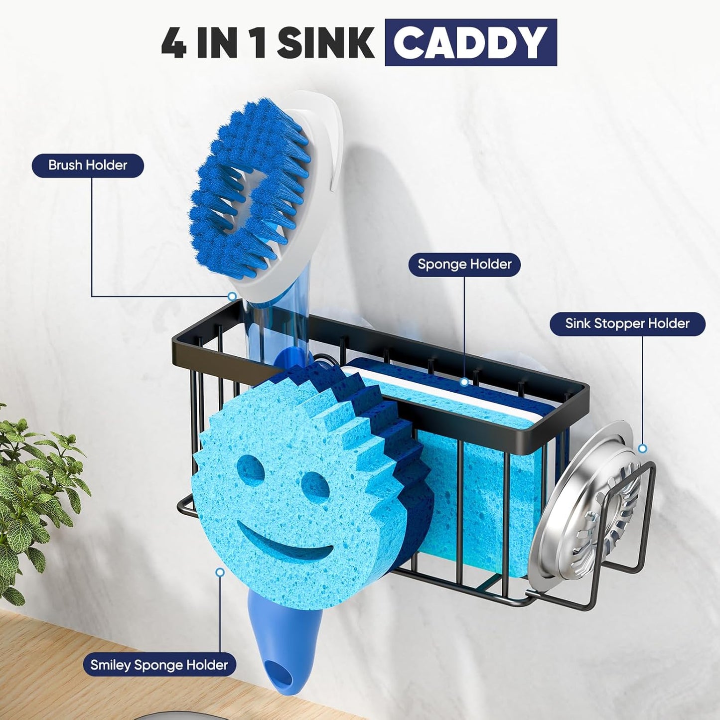 Sponge Holder for Kitchen Sink,Sink Caddy Smiley Face,4-In-1 Sponge Holder with Suction Cups & 1 PCS Adhesive Strips for Holding Soap,Brush,Scrubber,Sponge,Stopper-Black