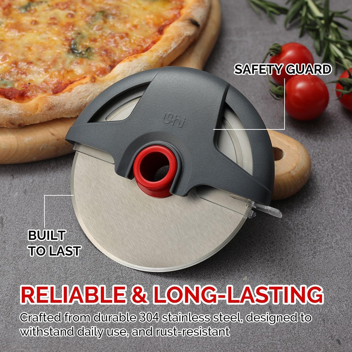 Pizza Cutter Wheel, Heavy Duty Pizza Slicer, Stainless Steel Large Pizza Wheel Blade with Safety Rotating Guard, Thickened Blade Ergonomic Handle Cut through Crust with Ease, Gray
