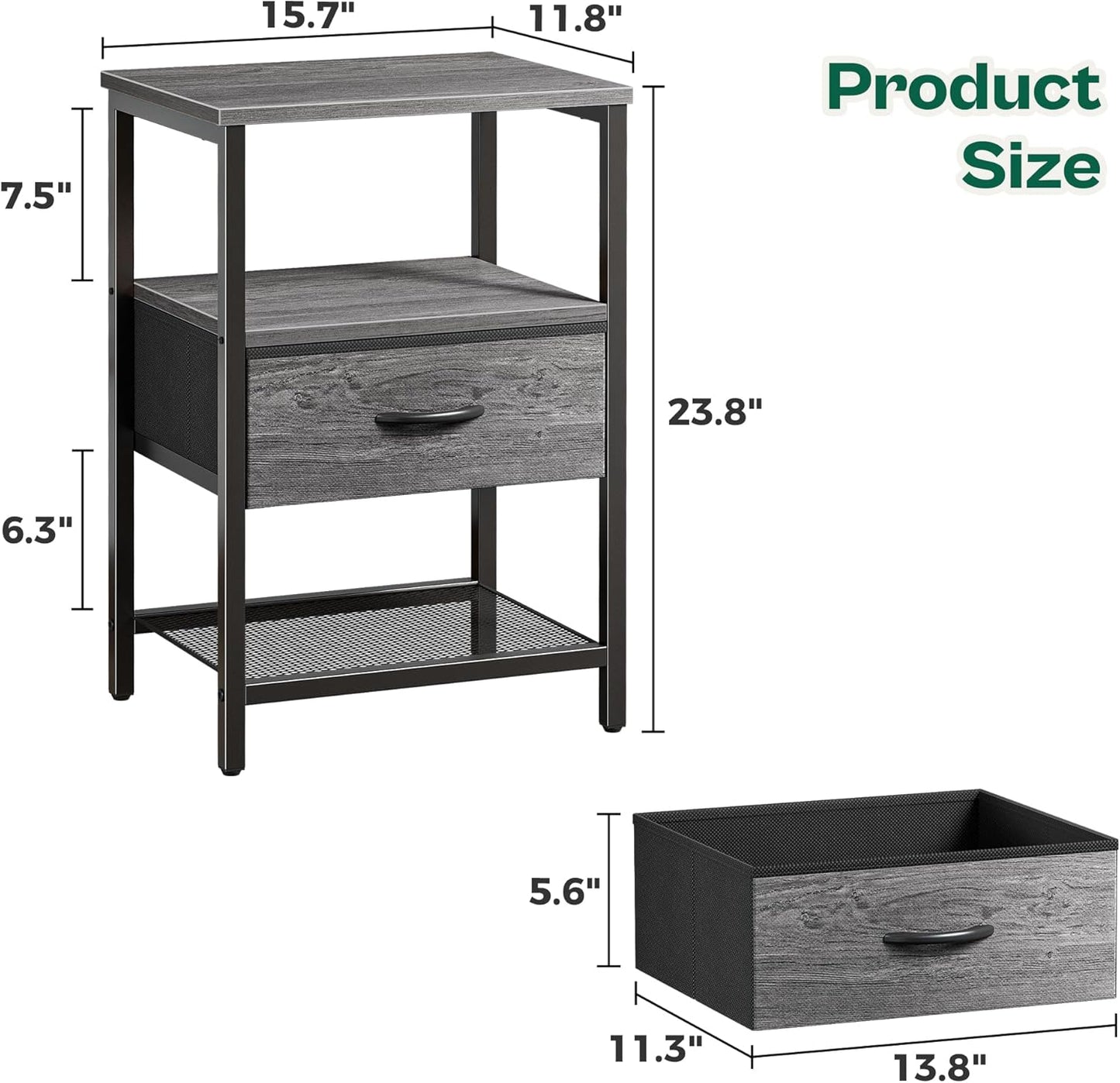 Set of 2 Nightstands with Fabric Drawers and Mesh Shelves, Grey Metal Frame Side Tables for Bedroom Storage