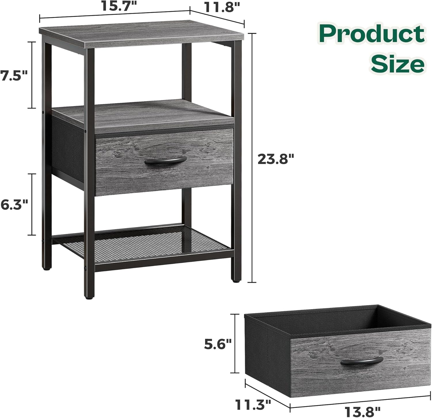 Set of 2 Nightstands with Fabric Drawers and Mesh Shelves, Grey Metal Frame Side Tables for Bedroom Storage