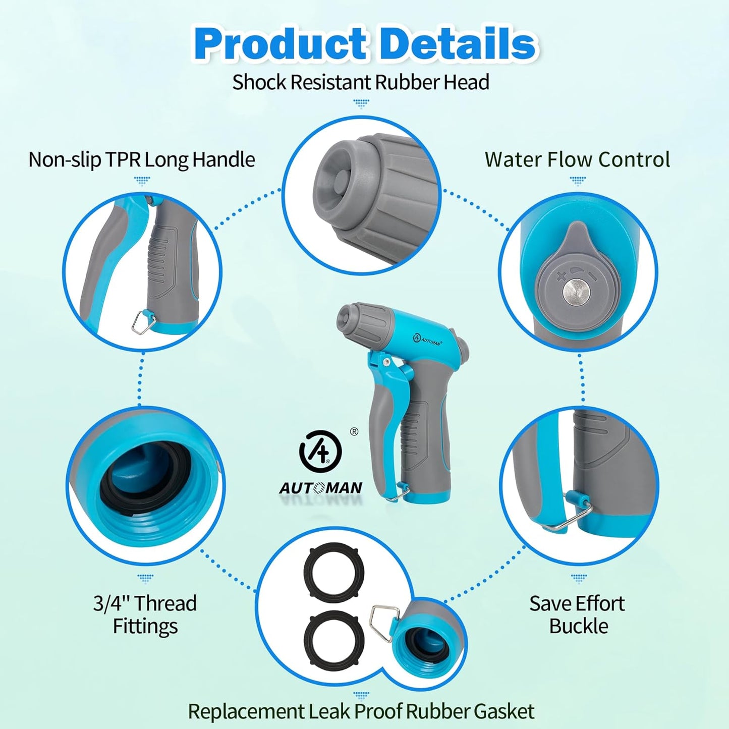 Garden Hose Nozzle, 4 Adjustable Patterns Hose Sprayer, Heavy Duty High Pressure Water Hose Nozzle for Pets Bathing and Cleaning, Car Washing, Watering Plants in Lawn and Garden & Outdoor Fun.