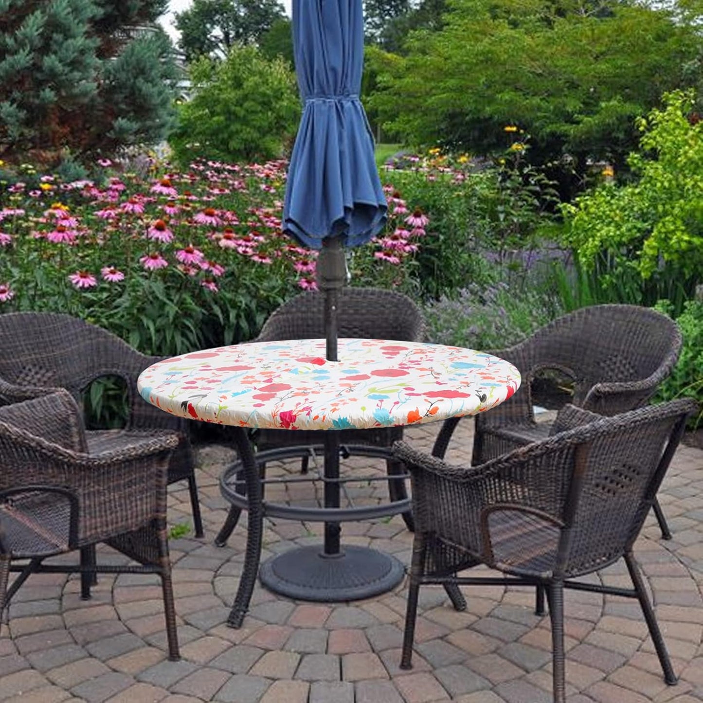 round Tablecloth, Fitted Table Cover with Umbrella Hole, 100% Waterproof, Elastic Edge, Flannel Backing, Plastic Table Cloth Fit 45"-56" round Tables for Patio, Picnic, Outdoor, Flowers