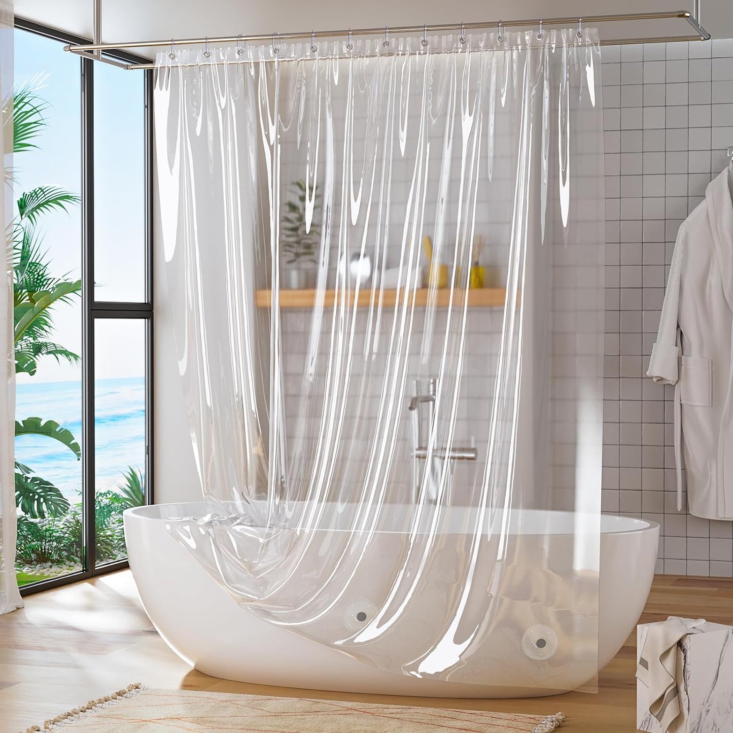 Shower Curtain Rings and Waterproof Lightweight 72 X 72 Inches PEVA Shower Curtain Liner, Clear