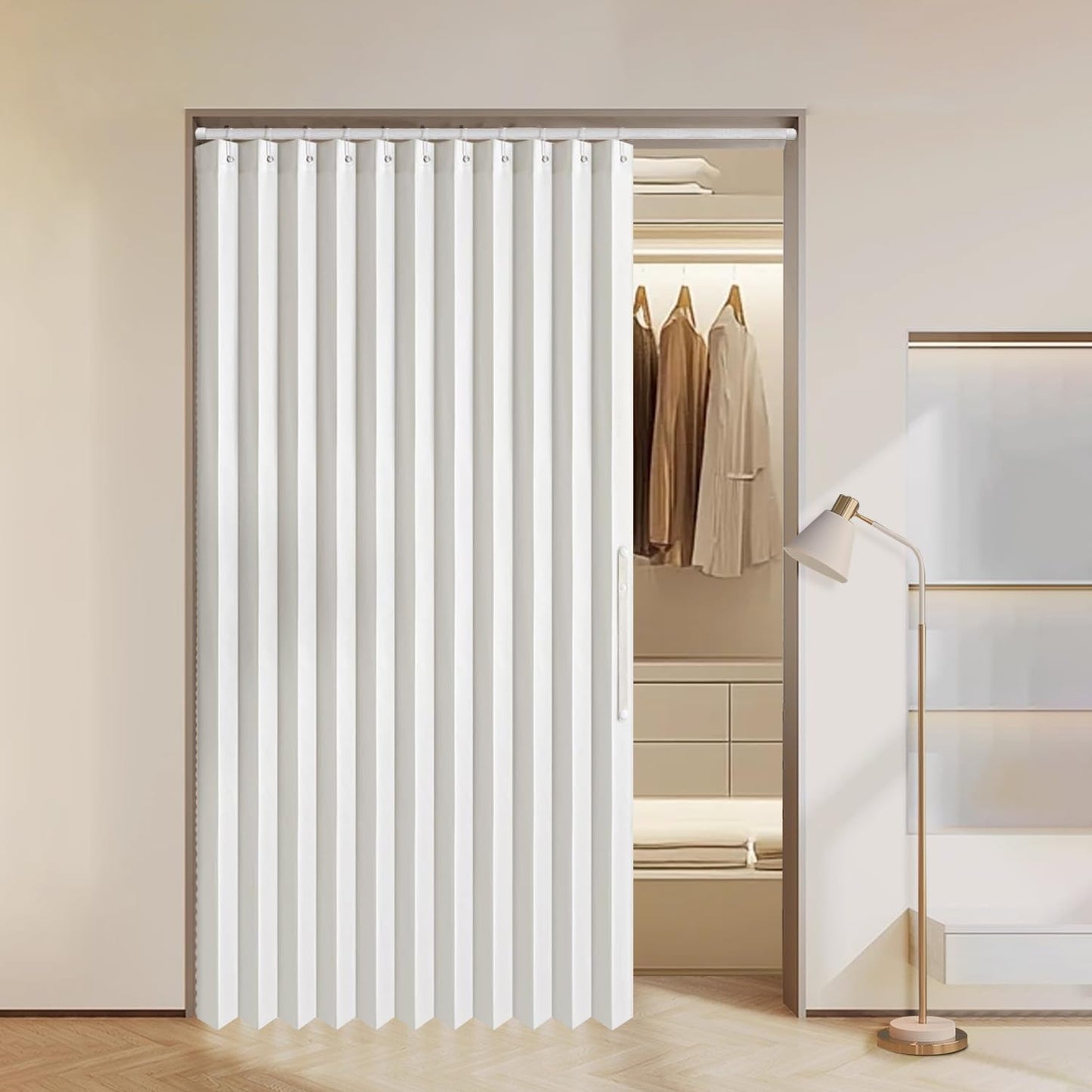Accordion Folding Door Curtains for Doorways - Laundry Room and Bedroom Room Divider - White, 52" x 78", Single Panel