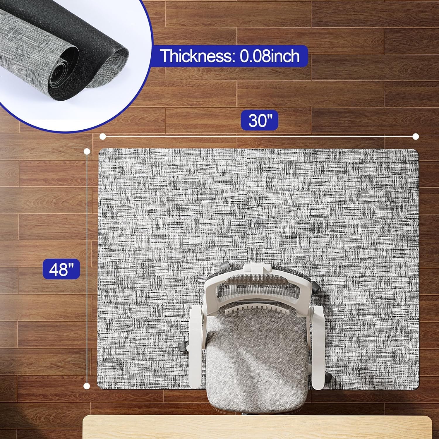 Office Chair Mat for Hardwood Floor, 30"×48" Non-Slip PVC Woven Computer Desk Chair Mat, Heavy Duty Hard Floor Protector for Rolling Chairs, Light Gray, Not for Carpet