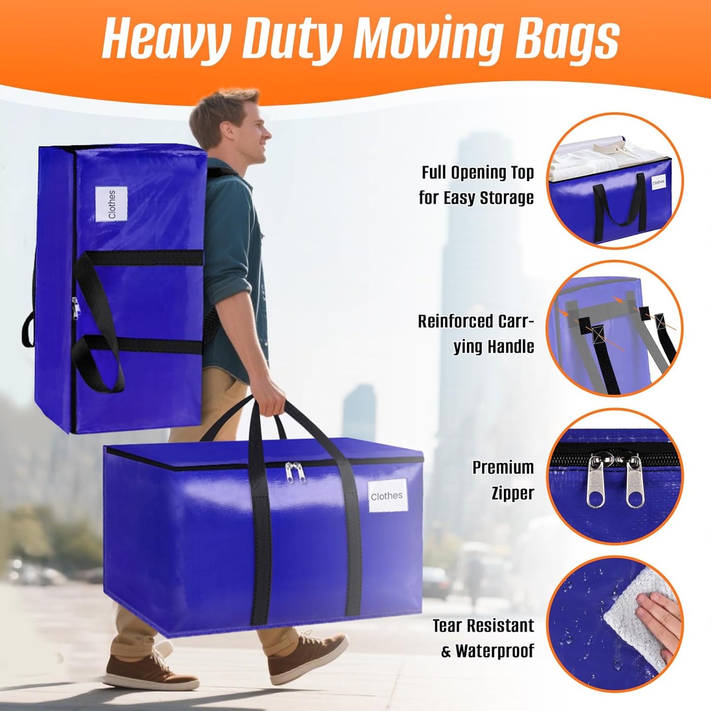 8-Pack Moving Bags with Backpack Straps & Carry Handles, 25 Gallons-93 L Heavy Duty Storage Totes for Space Saving, Foldable Storage Bags for College Dorm, Travel, Camping (Blue)