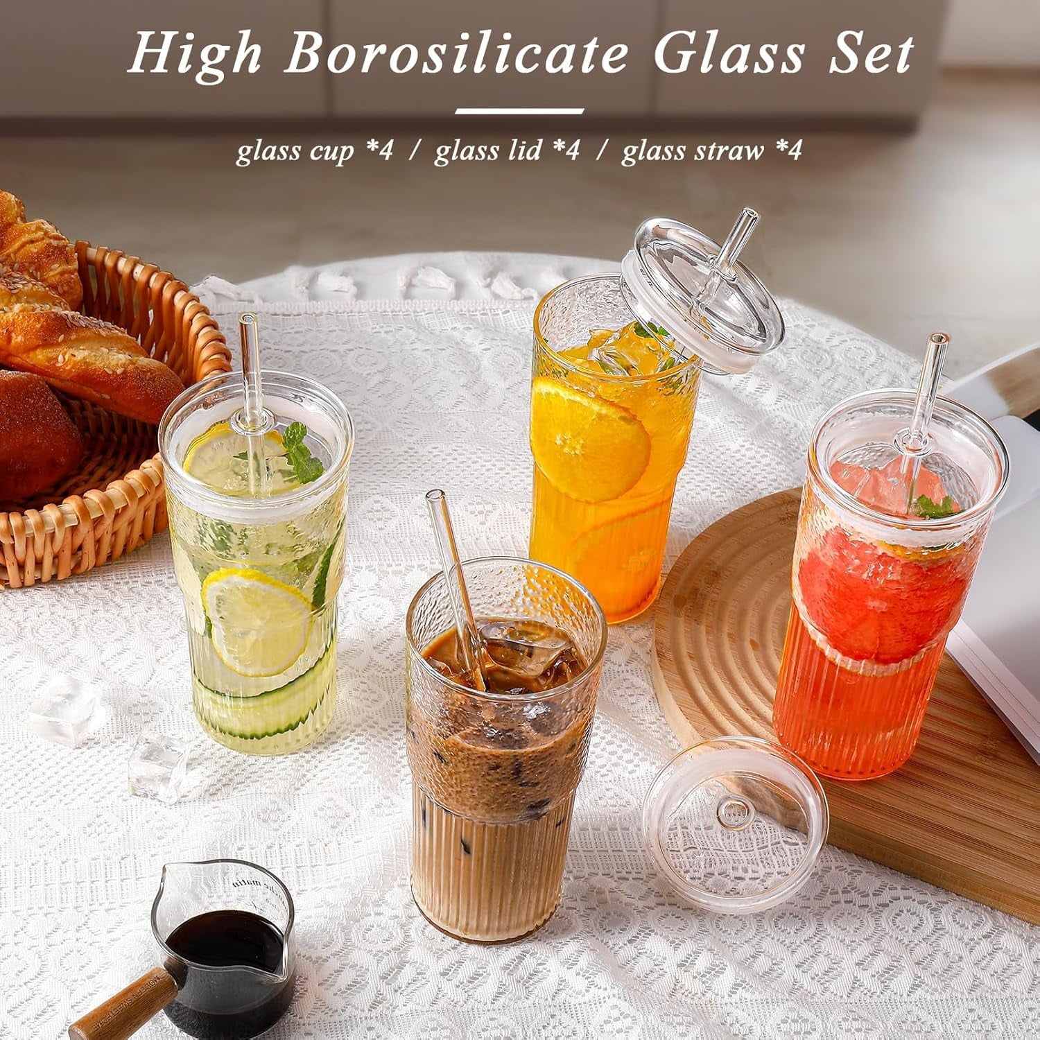 Glass Cups with Lids and Straws 4 Pcs,20Oz Glasses Drinking Set Vintage Textured Clear Iced Coffee Cups with Lids,Reusable Glass Tumbler with Straw and Lid for Coffee Bar Accessories