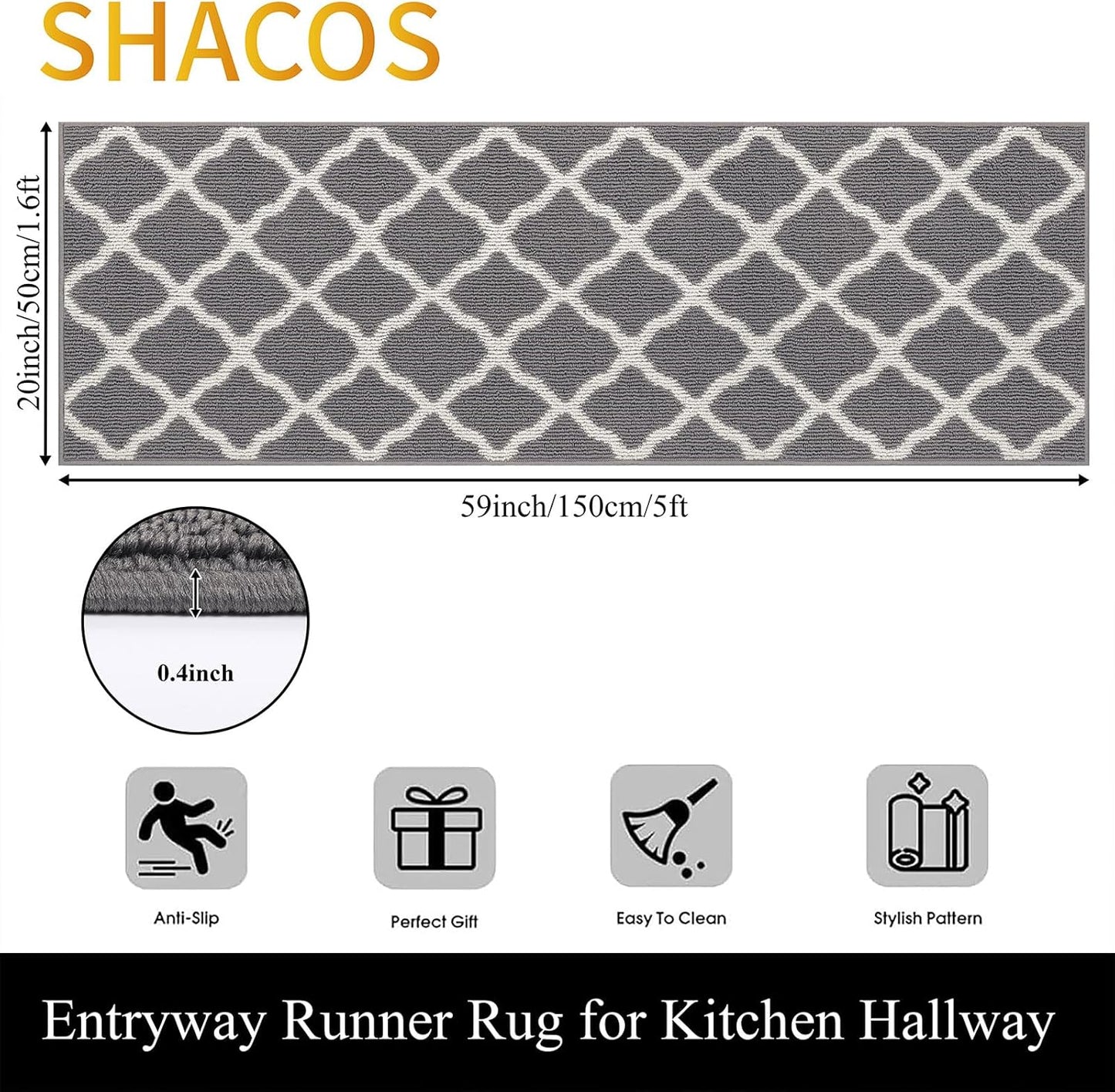 Washable Runner Rug 20"X59" Dirt Trapping Non Slip Rubber Backing Rug Runner Floor Mats Carpet Runners for Entryway Hallway Kitchen Garage Laundry Room, Light Gray