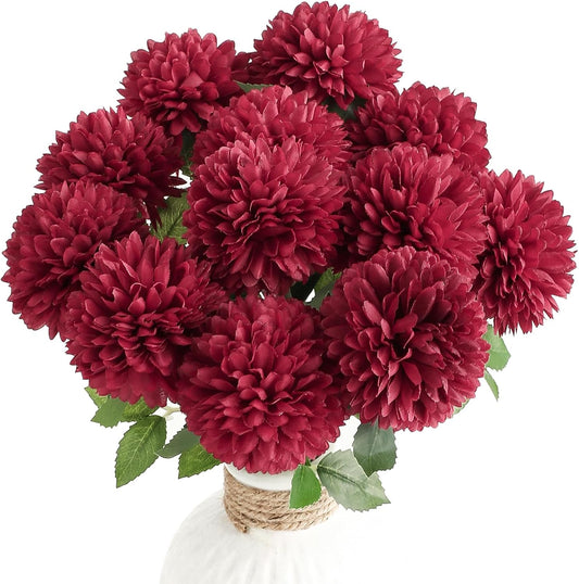12-Piece Burgundy Faux Silk Chrysanthemums - Artificial Flowers with Stems for DIY Wedding Bouquets, Table Centerpieces, Floral Arrangements, and Home Decor