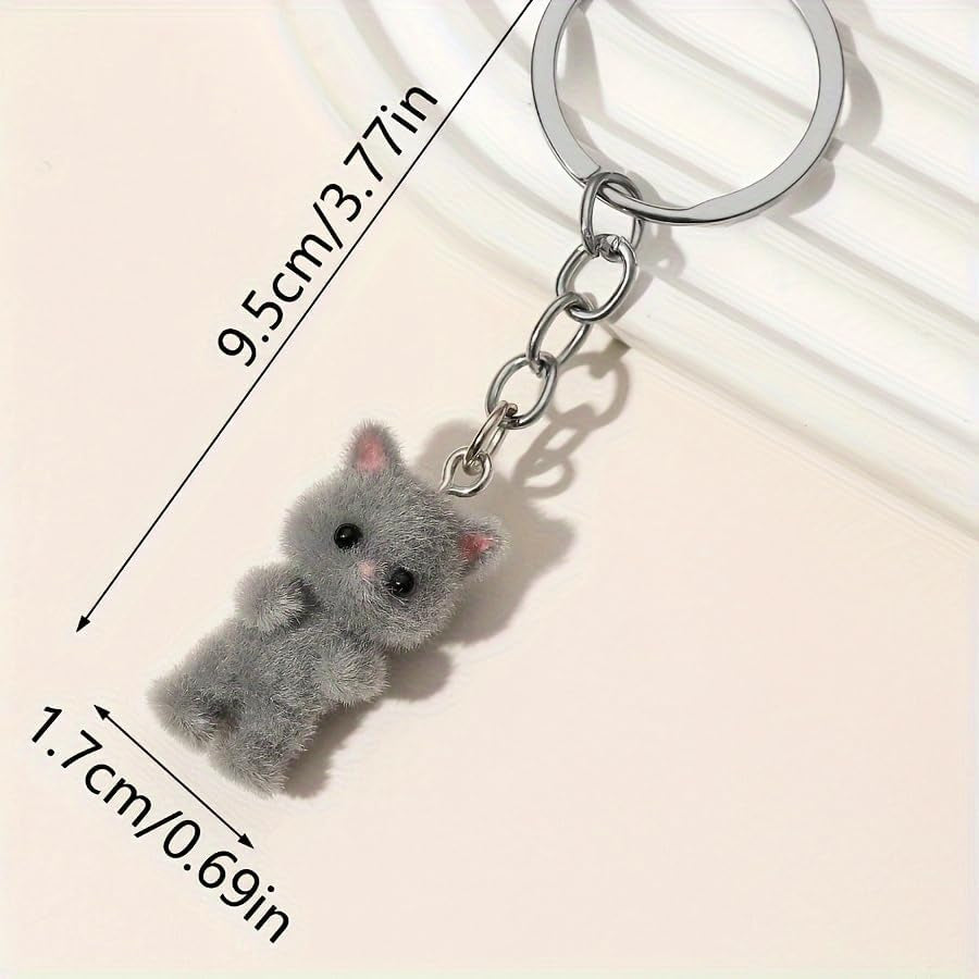 Cute Cat Keychain Fluffy Gray Kitten Animal Resin Key Chain Ring Purse Bag Backpack Charm Earbud Case Cover Accessories