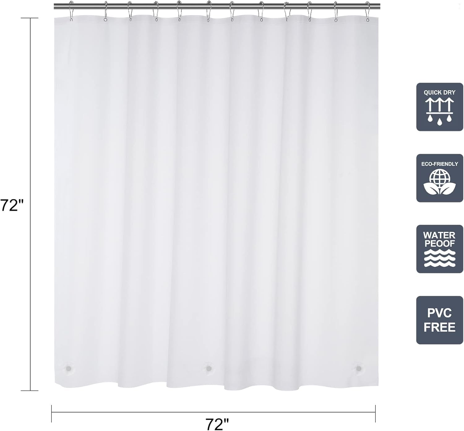12 Pcs Shower Curtain Hooks and 72 X 72 Inches White Shower Curtain Liner