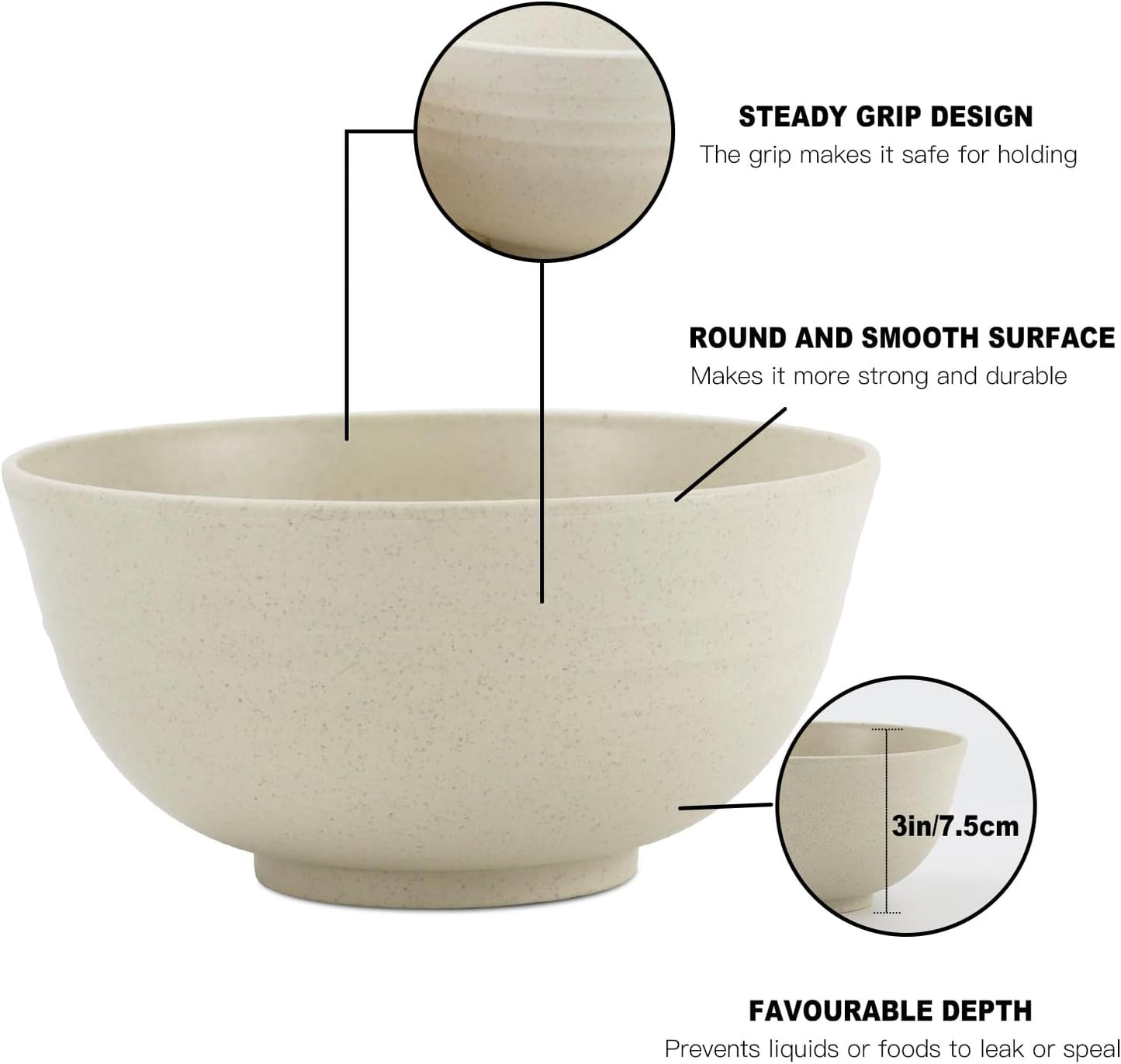 Wheat Straw Bowls Set of 8 - Durable, Lightweight Cereal Bowls, Microwave and Dishwasher Safe for Versatile Kitchen and Camping Use (Beige, 26 OZ)