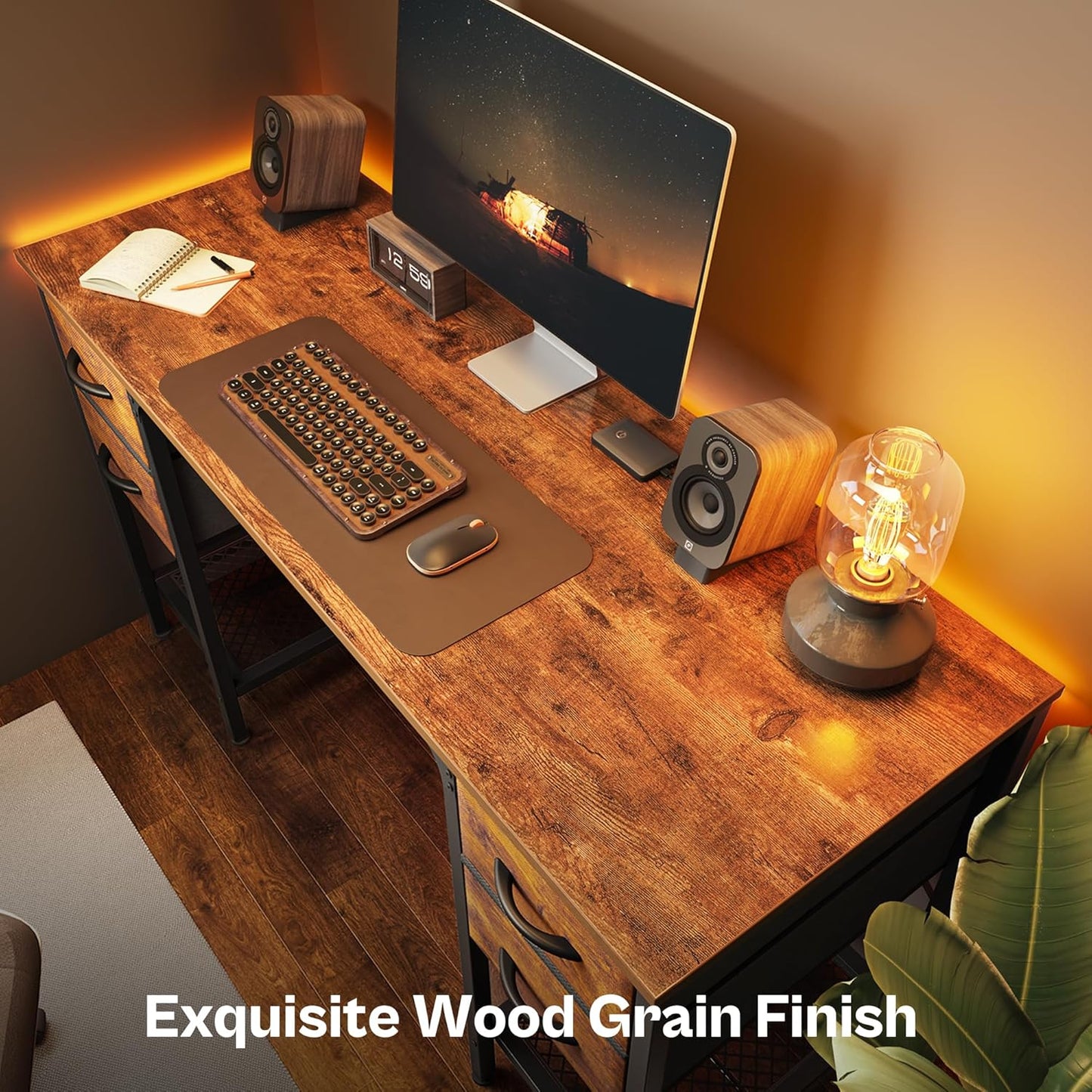47-Inch Rustic Brown Computer Desk with 4 Drawers and Mesh Shelf for Home Office, Study, and Gaming