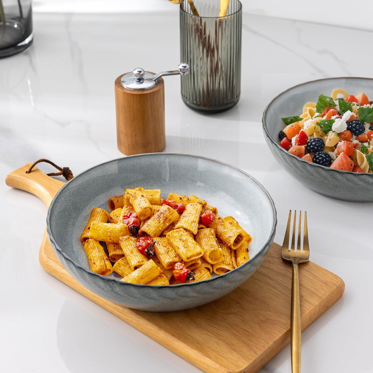 Large 8.5-Inch Stoneware Pasta Bowls, 38 Ounce Ceramic Salad Bowls with Textured Design for Serving Pasta, Fruits, Stews, and Noodles, Set of 4 - Ideal Housewarming Gift