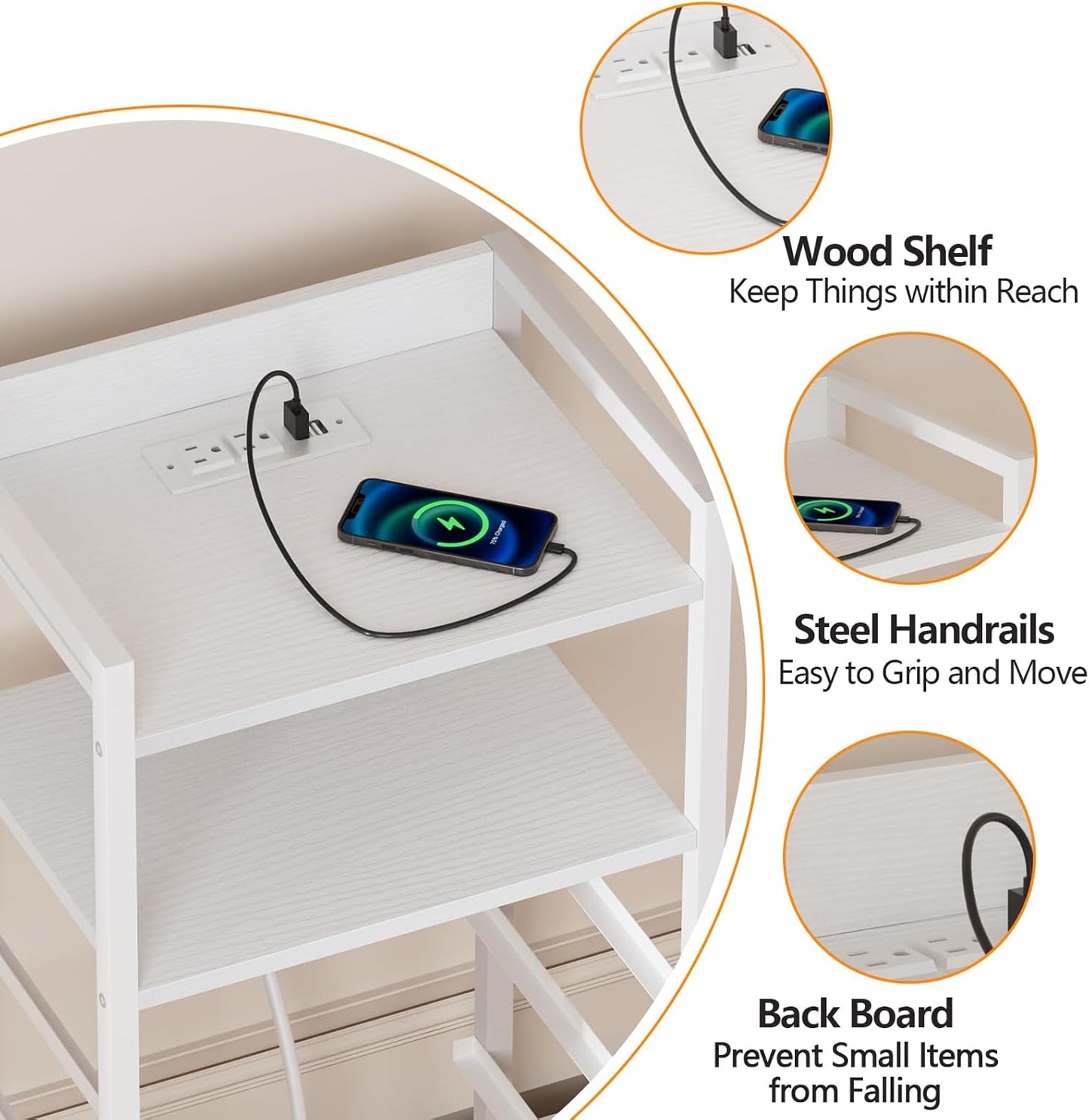 White Nightstand with Charging Station and LED Light, Tall Bedroom Dresser with 4 Fabric Storage Drawers, Metal Frame and Wood Shelf