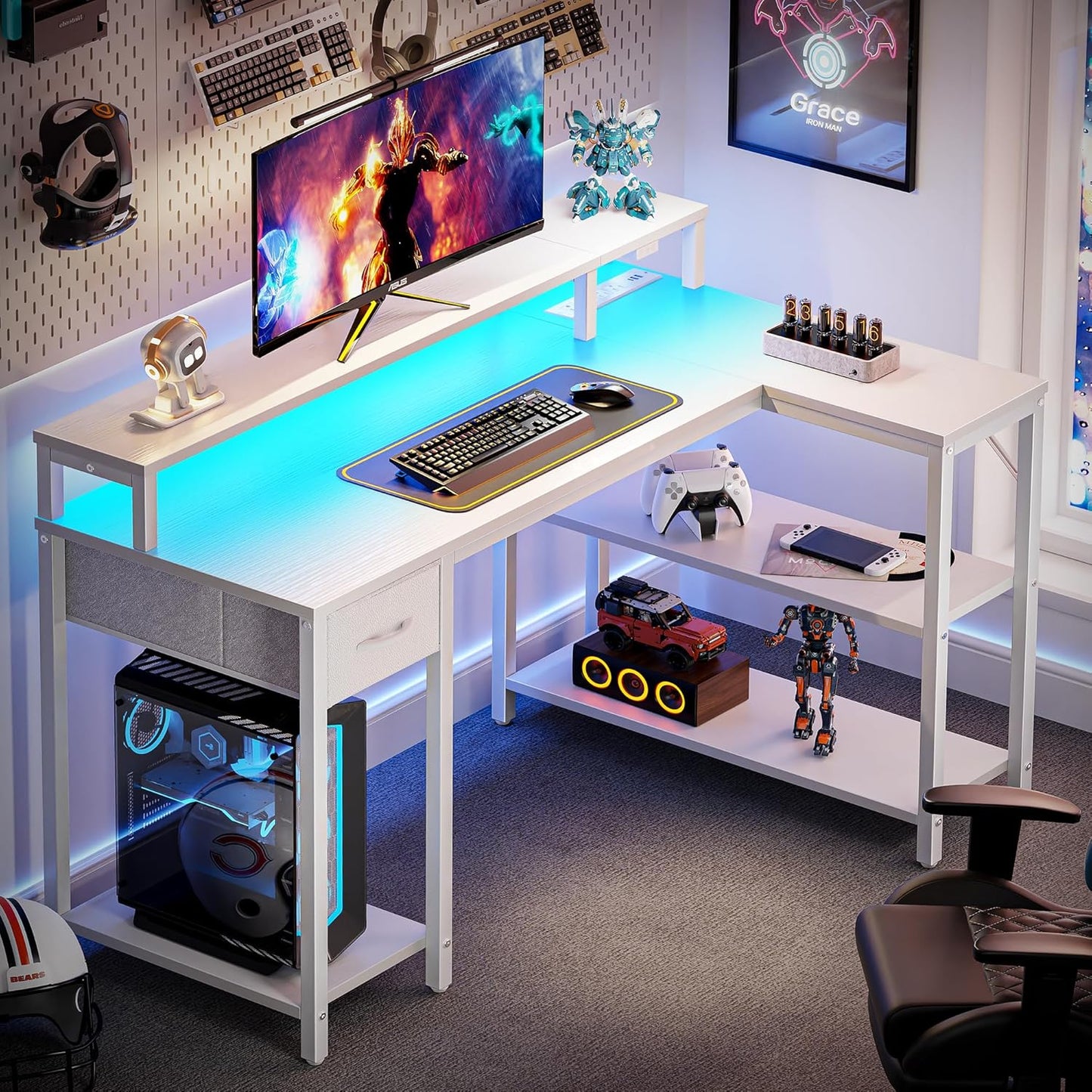 47-Inch Reversible L-Shaped Desk with LED Lighting and Power Outlets, Featuring Shelves, Monitor Stand, Drawer, and PU White Finish for Home Office and Gaming Use