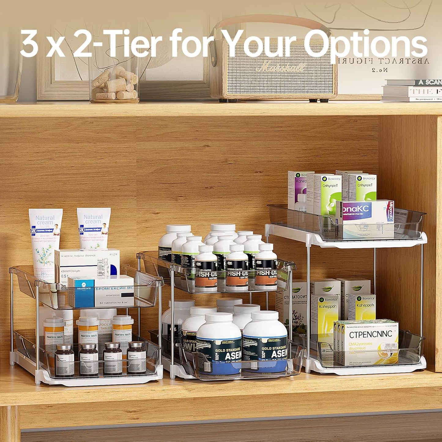 2 Sets of 3-Tier Bathroom under Sink Organizers and Storage, Multi-Purpose Stackable Pantry Organization and Storage, Grey