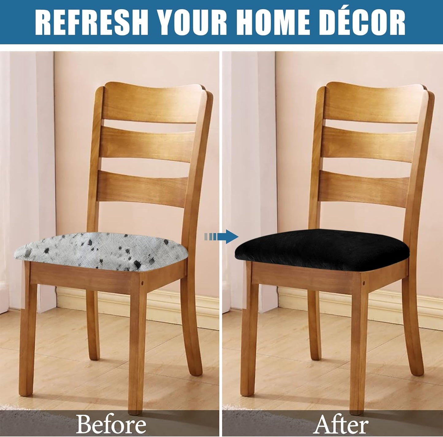 Velvet Seat Covers for Dining Room Chair Set of 2, Stretch Fit Removable Washable Chair Seat Cushion Protector Slipcovers with Ties, Black