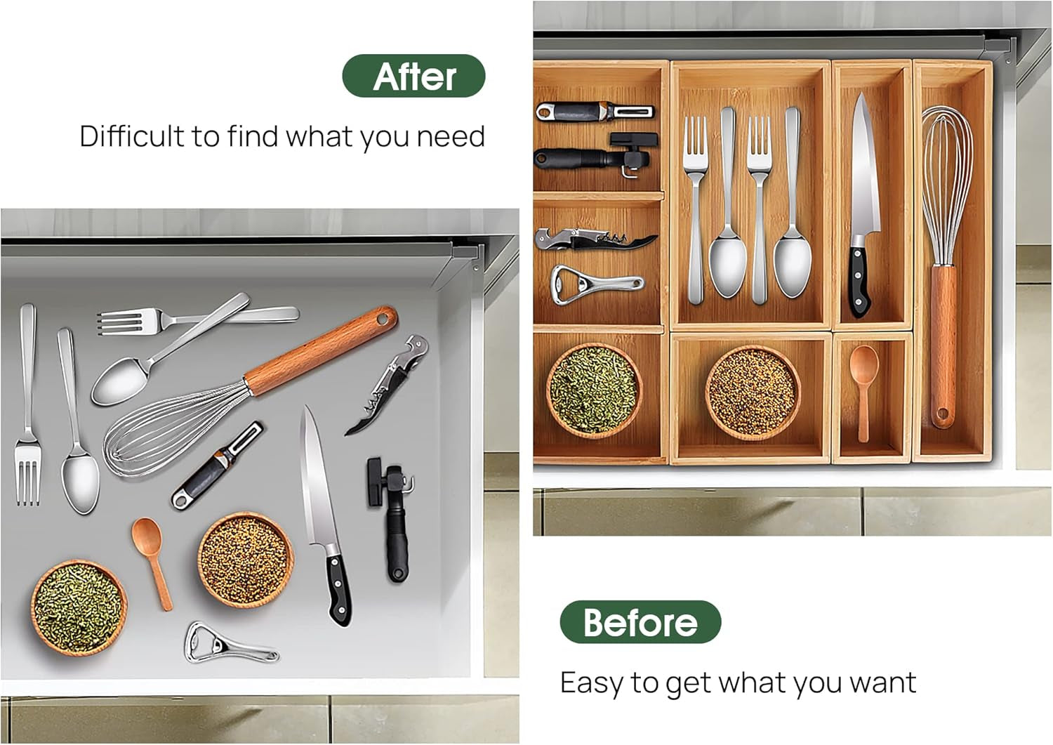 Bamboo Drawer Organizer with Removable Dividers, 6 Pcs Adjustable Kitchen Drawer Organizer Utensils Bamboo Organizers Silverware Storage Box Cutlery Tray Multi-Use for Bathroom, Makeup, Office