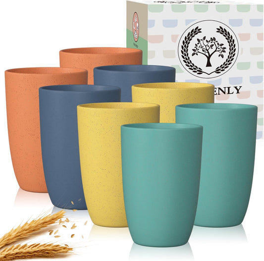 Wheat Straw Reusable Drinking Cups Set of 8 - Unbreakable, Dishwasher Safe, 20 OZ Water Glasses in 4 Colors