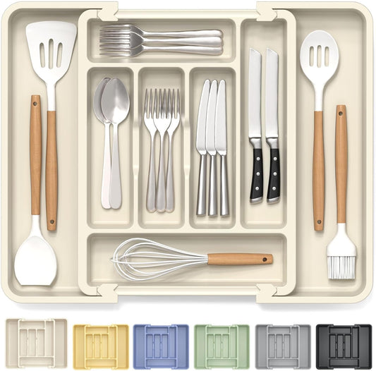 Premium Expandable Silverware Organizer for Kitchen Drawers - BPA-Free Thick Plastic with Wider Compartments and Non-Skid Feet for Cutlery, Flatware, and Utensils