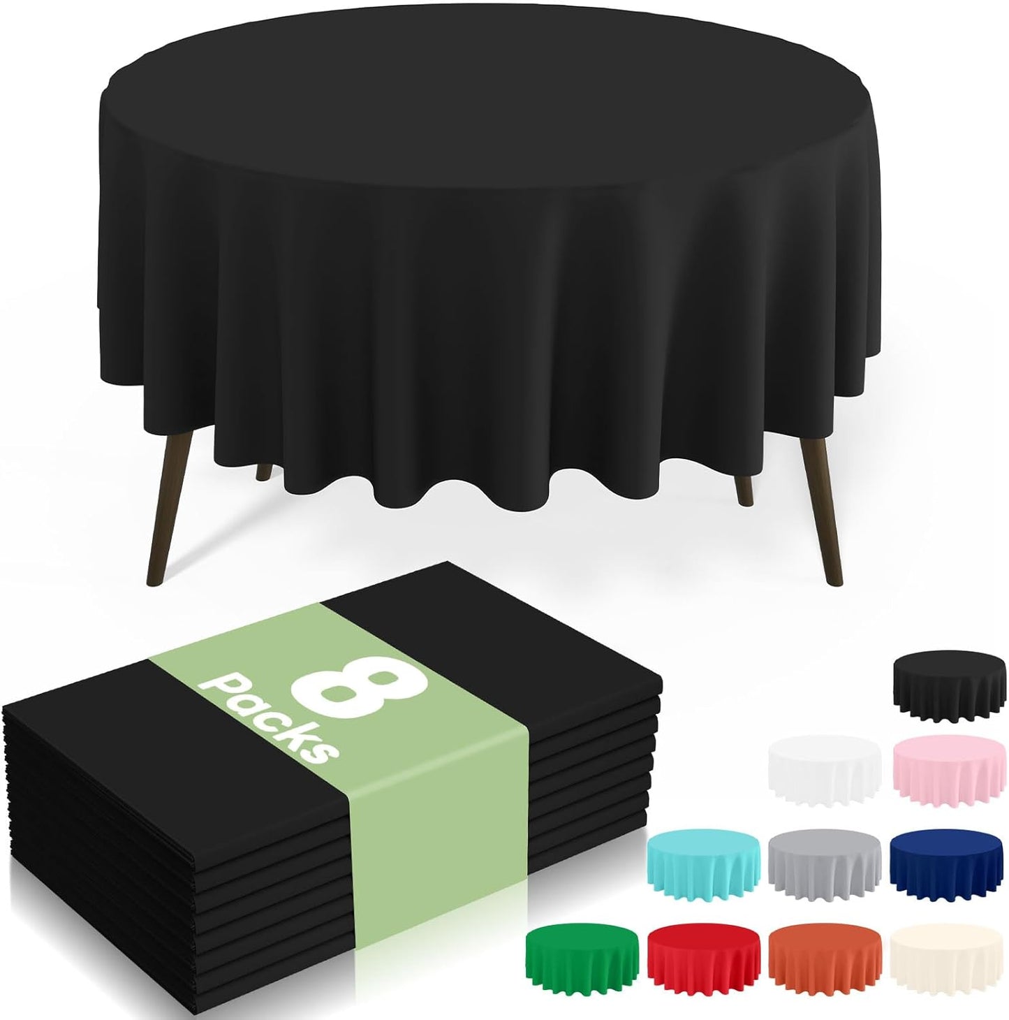 8 Packs Disposable Plastic Table Cloth, 84" round Waterproof Tablecloth, Leakproof & Sturdy Decorative Table Covers for Picnic, Party and Outdoor, Black