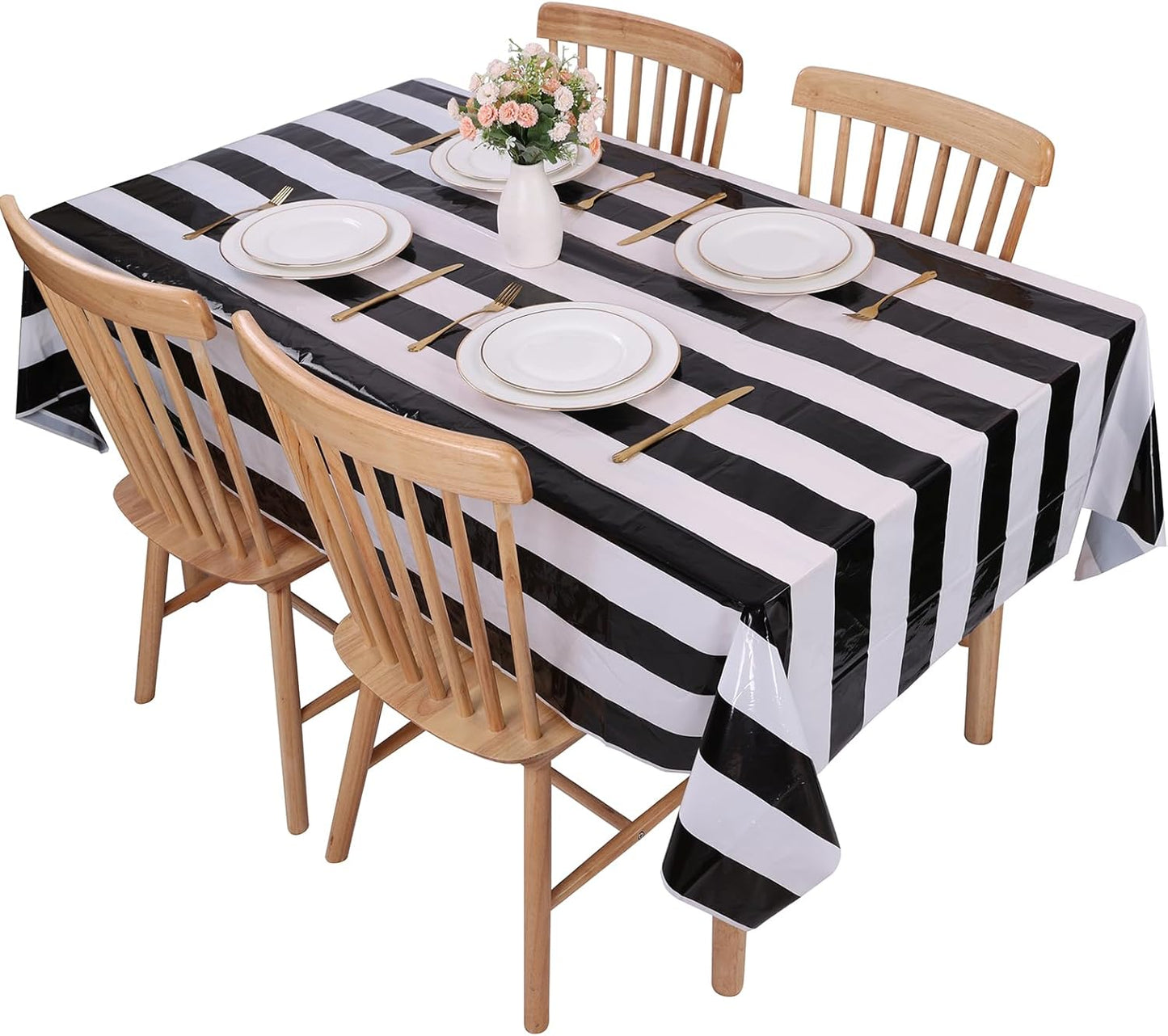 3 Packs Black and White Vertical Striped Tablecloth 54 X 108 Inch Geometric Black Stripe Table Cloths Disposable Plastic Stripe Table Covers Waterproof Picnic Tablecover for Camping Party