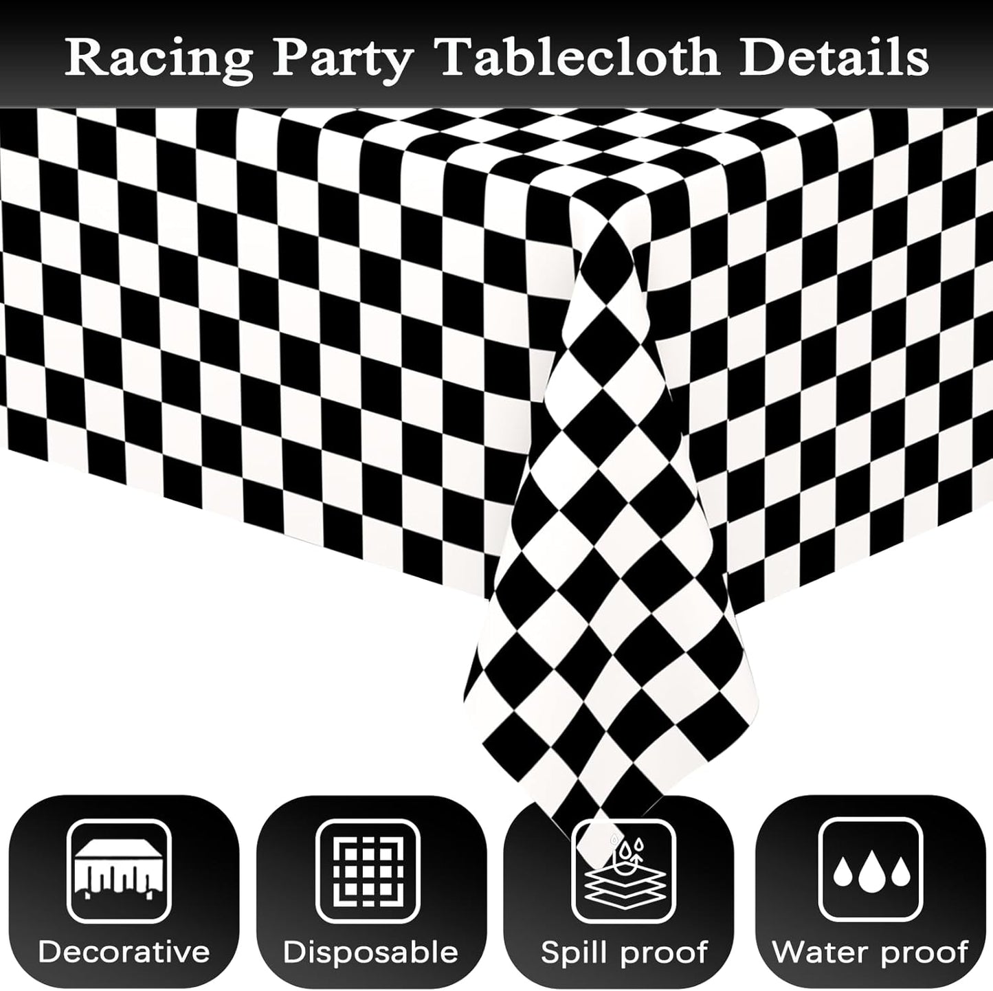 2 Pack Black and White Checkered Disposable Tablecloth Race Car Theme Party Table Cloth, Black Checkered Tablecloth for Race Car Theme Birthday, Outdoor Picnic Parties Decorations, 54 × 108 Inch