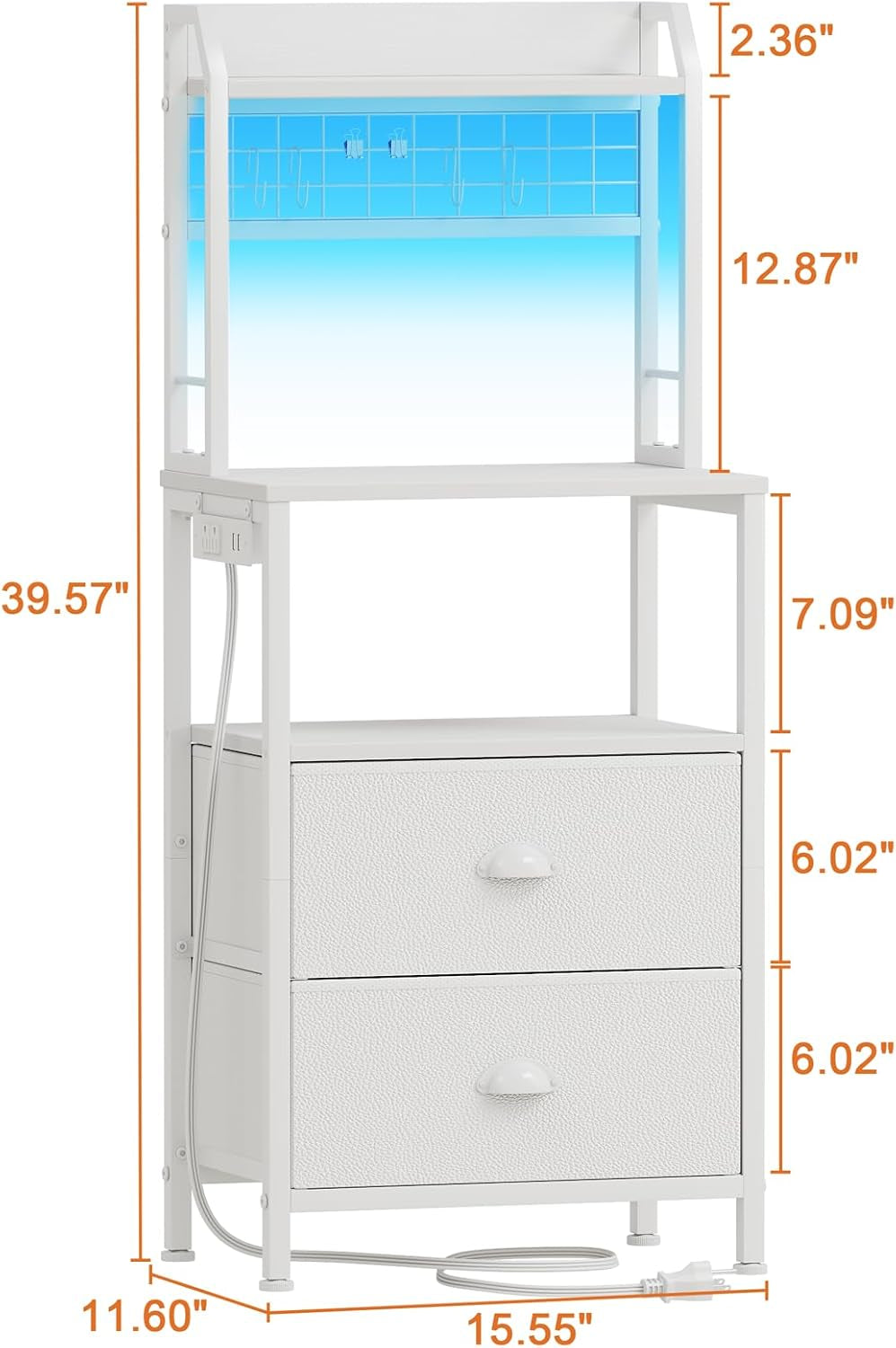 40'' Tall Nightstand with Charging Station, Bedside Table with LED Lights, End Table with 2 Drawers and Storage Shelves, Night Stand with Pegboard for Bedroom, White