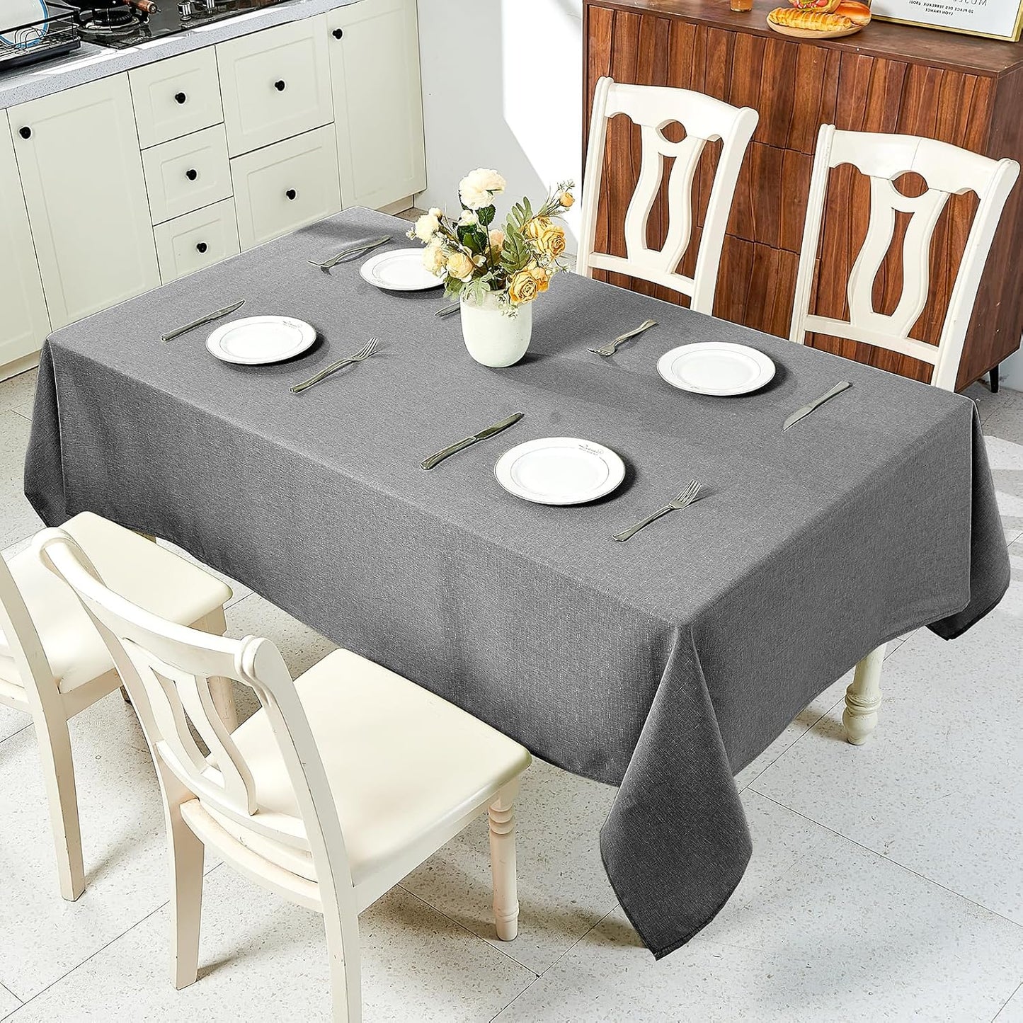 Textured Linen Table Cloth for Rectangle Table - Grey Tablecloths Rectangular Waterproof Wrinkle Free Wipeable Dining Table Cover for Spring Wedding Birthday Kitchen Decor, 52 X 70 Inch