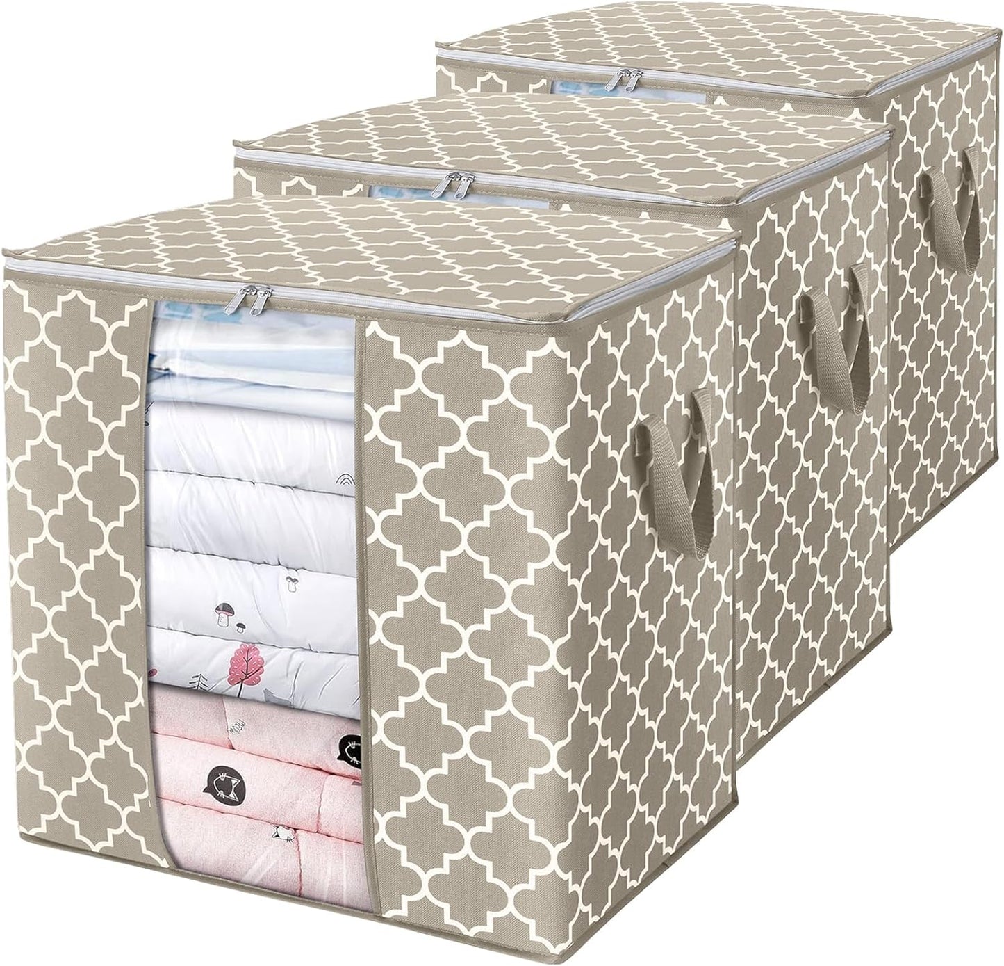 Storage Bags 3 Pack/100L Large Blanket Clothes Organization and Storage Containers for Comforters,Bedding, Foldable Organizer with Reinforced Handle, Clear Window, Sturdy Zippers,Beige