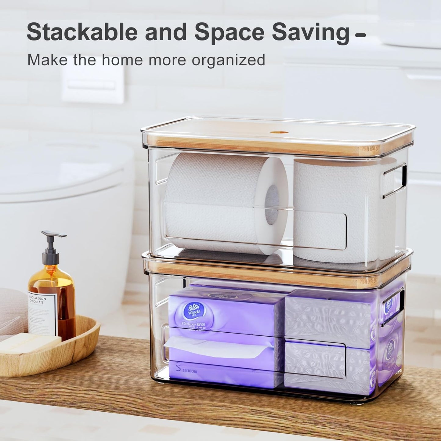 Pantry Organizers and Storage, Acrylic Clear Trash Bag Holder, Kitchen Paper Holder Stackable Toilet Tissue Storage with Bamboo Lid