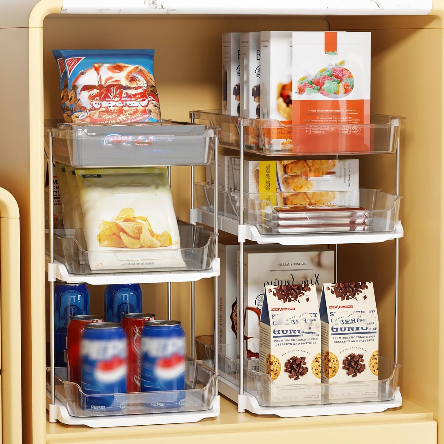 2 Sets of 3-Tier Bathroom under Sink Organizers and Storage, Multi-Purpose Stackable Pantry Organization and Storage, Pull Out Clear Kitchen Bathroom Cabinet Organizer with Movable Dividers