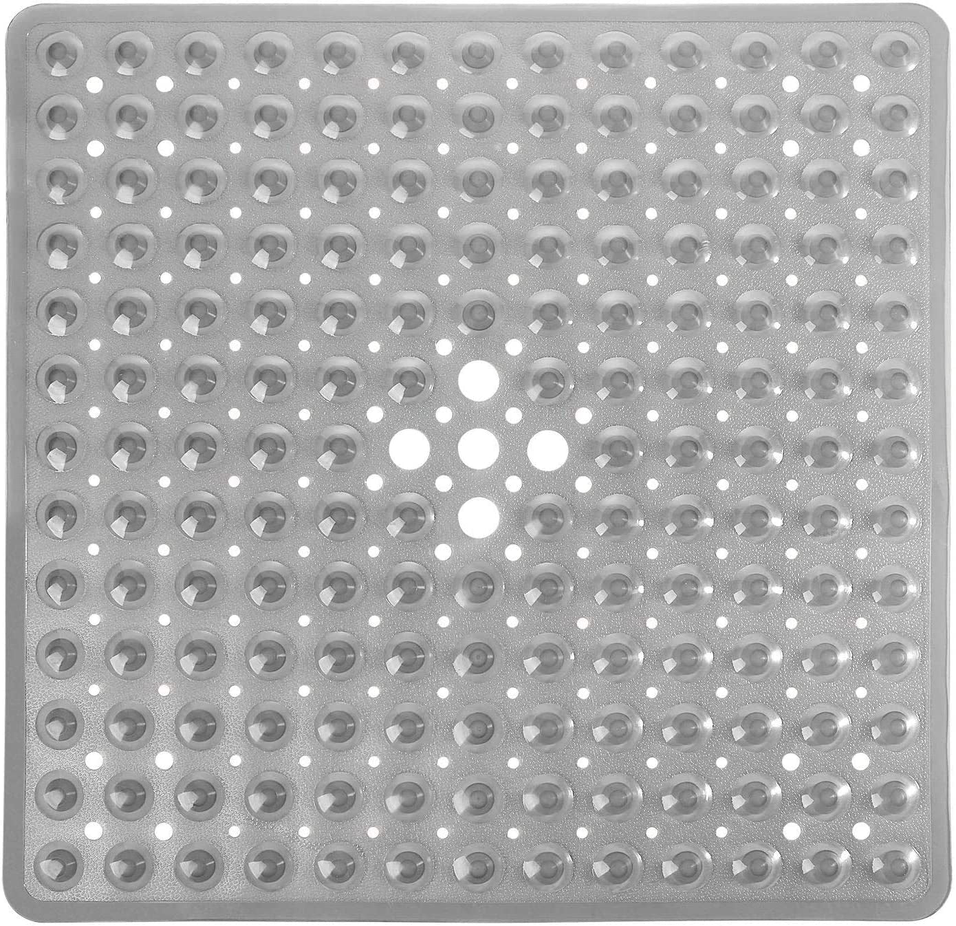 Shower Bathtub Mat Non Slip, 21X21 Inch, Soft Square Bath for Tub with Suction Cups and Drain Holes, Stall Floor Mats Bathroom, Machine Washable, Bathroom Accessories, Clear Gray