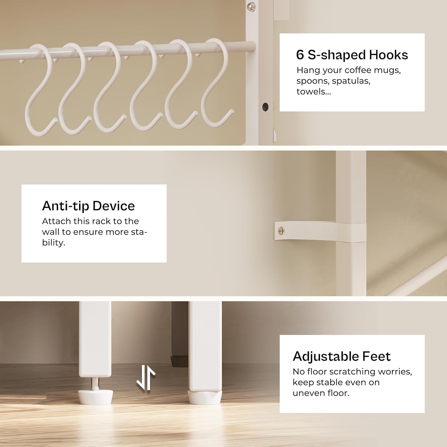 Professional Kitchen Bakers Rack with Power Outlet, 4-Tier Coffee Bar Table, Microwave Stand with 6 S-Shaped Hooks, Storage Shelf for Spices, Pots, and Pans - White