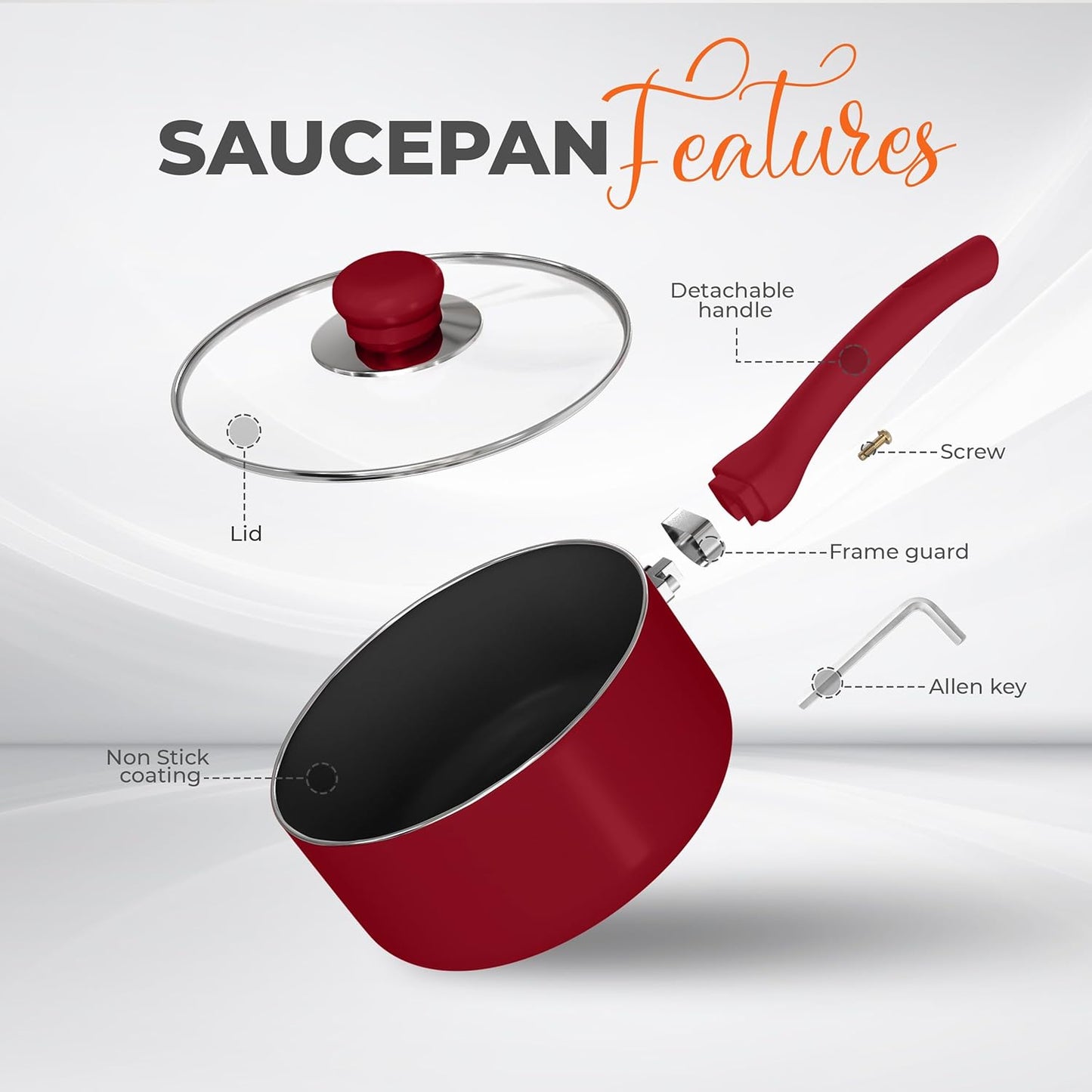 Detachable Handle Nonstick Saucepan with Glass Lid, Multipurpose Use for Home, Kitchen or Restaurant (Red)