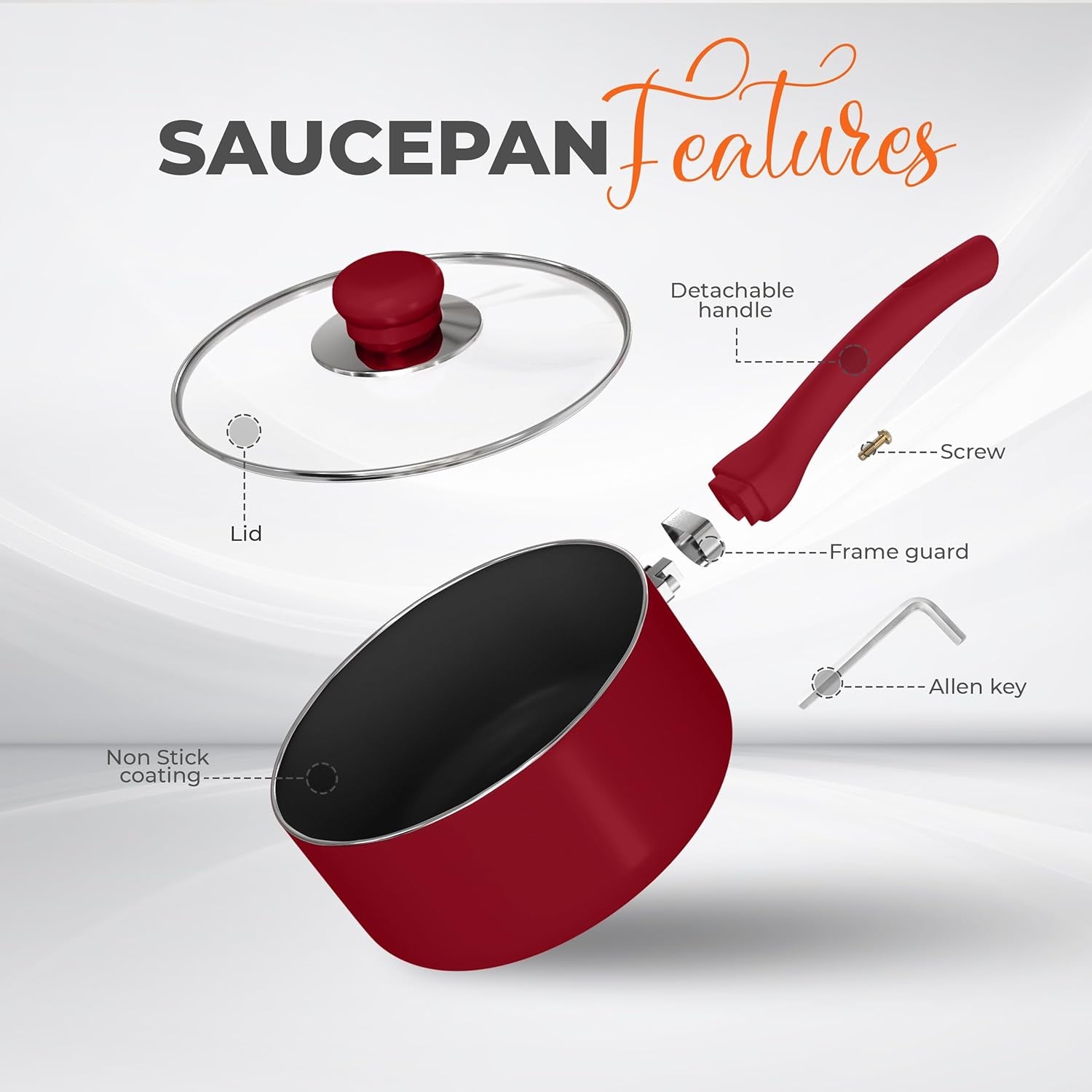 Detachable Handle Nonstick Saucepan with Glass Lid, Multipurpose Use for Home, Kitchen or Restaurant (Red)