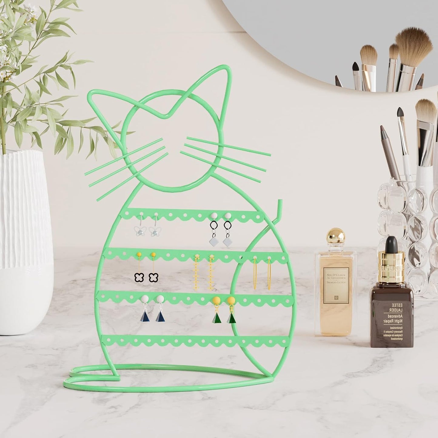 Cat Shaped Earring Holder Stand - Metal 48 Stud Holes, Jewelry Display Vanity Organizer for Girls - Jade