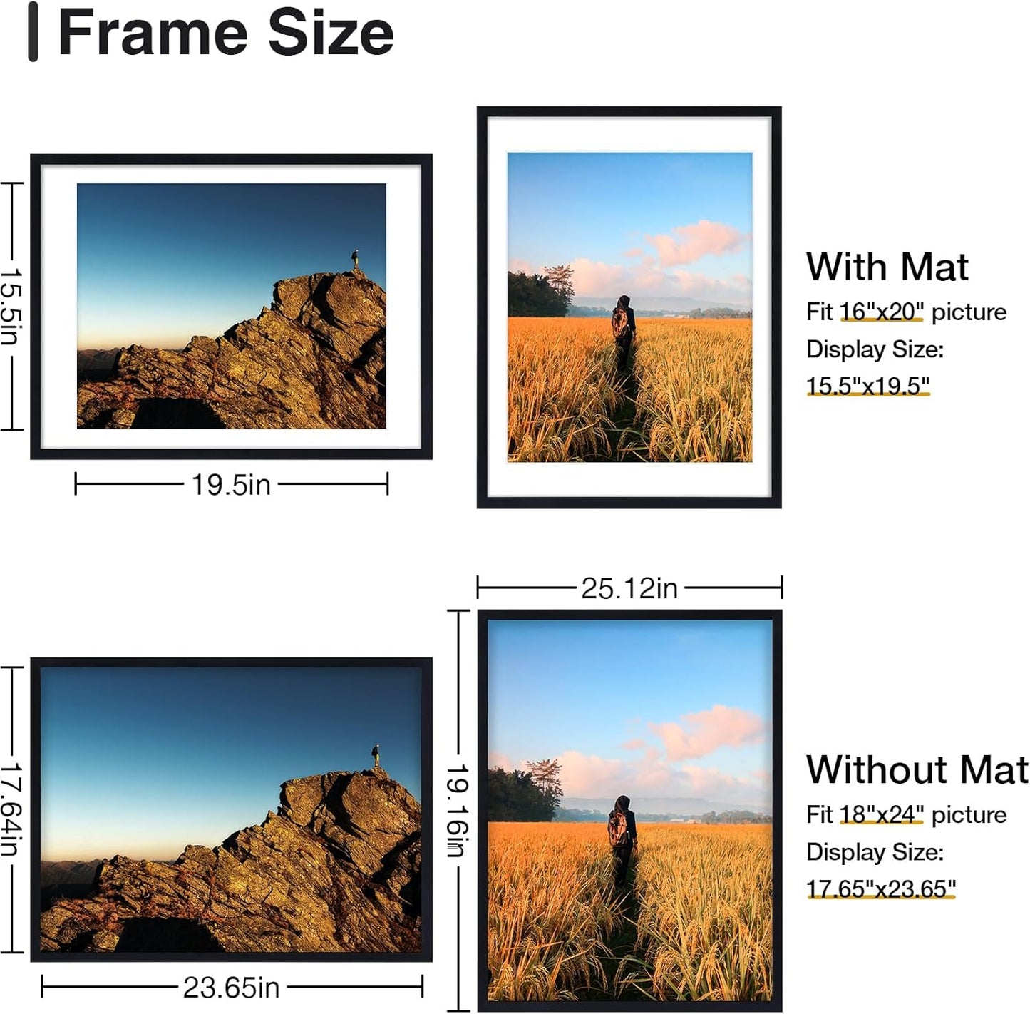 18X24 Picture Frame with Plexiglass - Large Black Poster Frame for Wall Display - Includes 16X20 Mat, Made of Durable PVC Design - 1 Pack