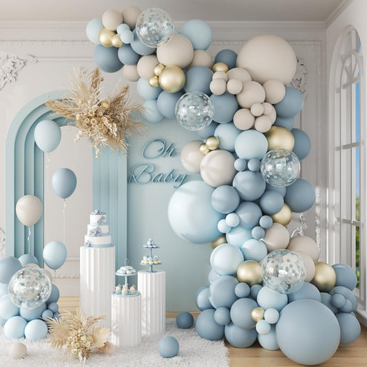 141Pcs Dusty Blue Balloons, Dusty Blue Balloon Arch Kit with Gold White Sand Pastel Blue Confetti Balloons for Gender Reveal Birthday Baby Shower Decorations