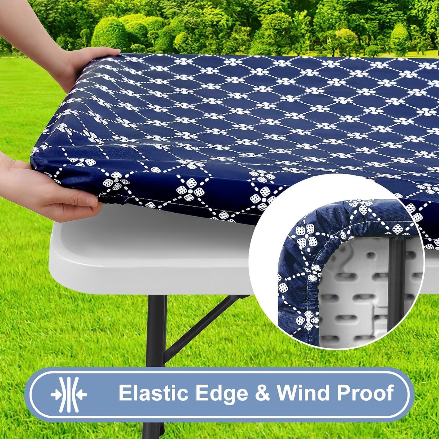 Rectangle Vinyl Table Cloth, Elastic Fitted Tablecloth with Flannel Backing, Waterproof Plastic Table Cover Fits 6 Foot Folding Tables for Camping, Indoor and Outdoor (Navy, 30" X 72")
