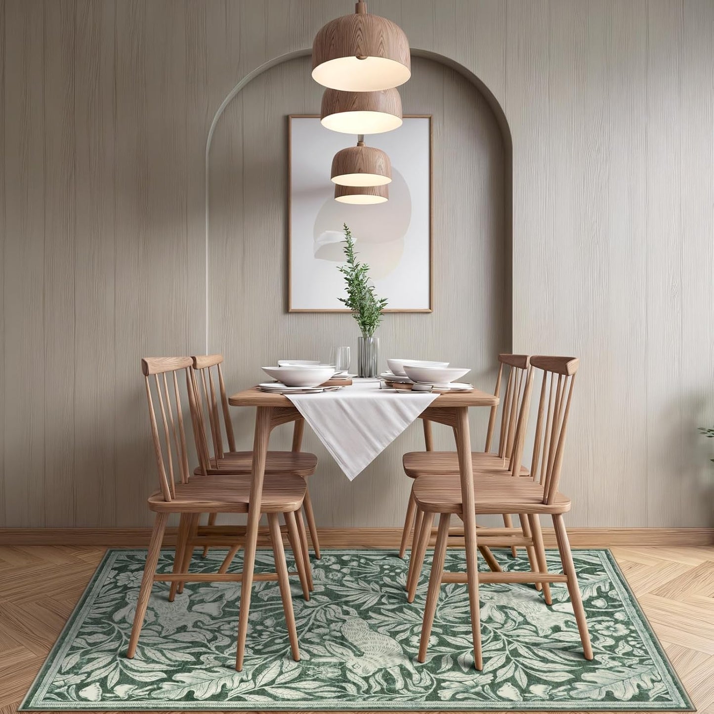 Rabbit 5X7 Washable Rugs for Living Room, Animal Soft Rugs for Dining Room, Whimsical Forest Woodland Print Green Carpet for Bedroom, Nature Non Shedding Non Slip Carpets Accent Rug