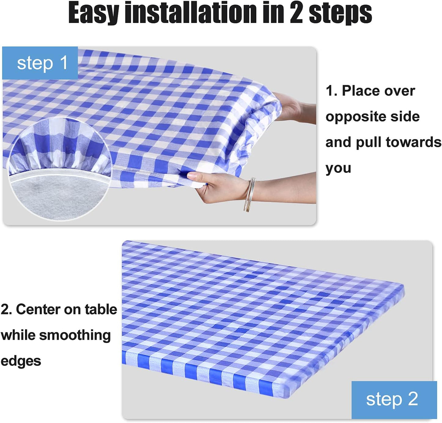 Blue Checkered Waterproof Vinyl Fitted Table Cover with Flannel Backing, 30" x 96", Ideal for Picnics, Travel, Holidays, and Parties