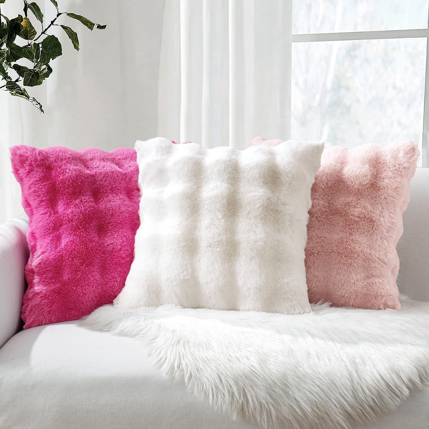 Set of 2 Luxury Faux Fur Lumbar Pillow Covers, Soft Plush Decorative Cushions for Couch, Bedroom, and Living Room, 12x20 Inch White