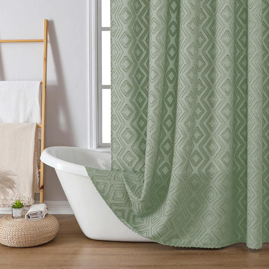 Diamo Stall Small Shower Curtain 36X72 Inch, Sage Green Premium Geometric Jacquard Textured Fabric for Bathroom, Soft Airy Wrinkle Free Decorative Shower Curtain with 12 Plastic Hooks
