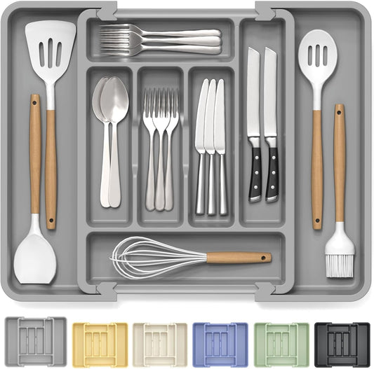 Expandable Large Silverware Organizer for Kitchen Drawers - BPA-Free Thick Plastic with Wider Compartments and Non-Skid Feet (Medium Gray)